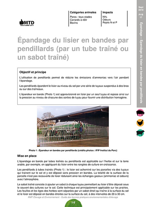 Epandage du lisier en bandes par pendillards (par un tube traîné ou un sabot traîné)